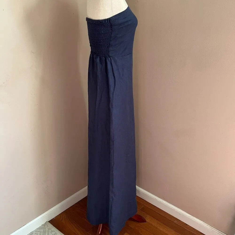 Faithfull The Brand Das Flores Navy Linen Strapless Maxi Dress‎ Euro Summer Sz S